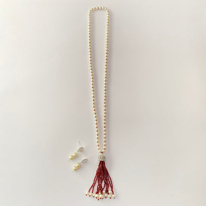 White Pearl Ruby Long Necklace Set
