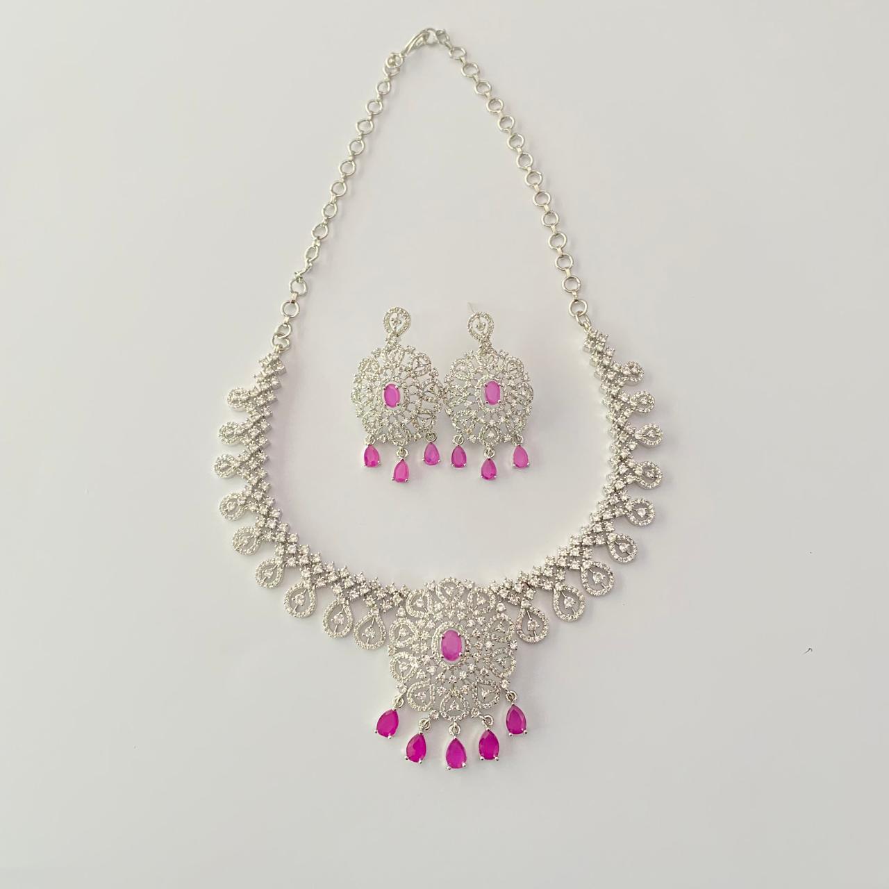 Silver Plated ruby latest design diamond Necklace Set