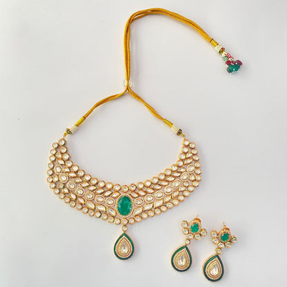 Kundan Gold Plated Heavy Green Necklace Set