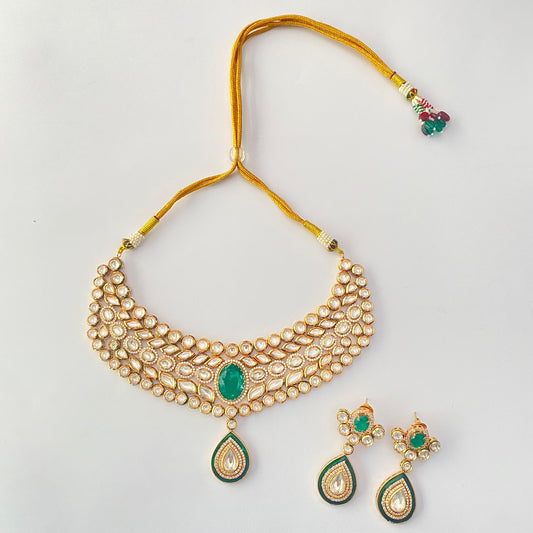 Kundan Gold Plated Heavy Green Necklace Set