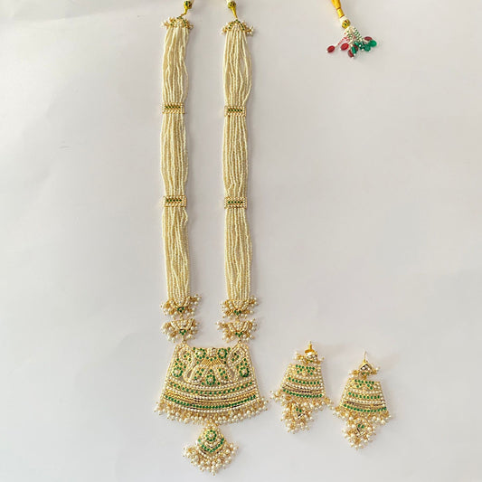 Long White Beads Green Jadau Rani Haar