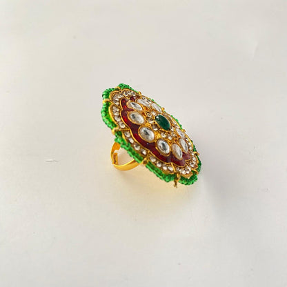 Ruby & Emerald Gold Plated Kundan Big Ring