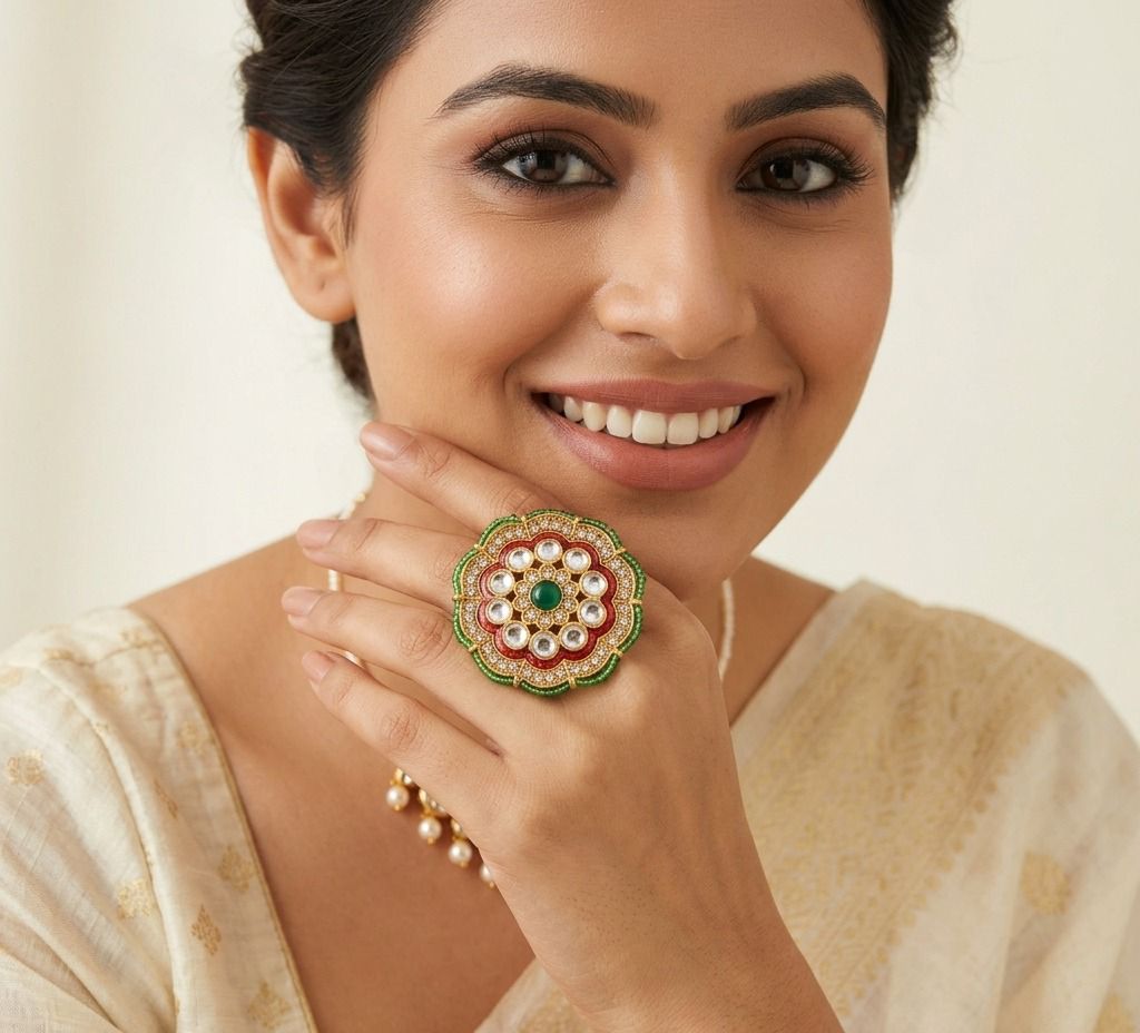 Ruby & Emerald Gold Plated Kundan Big Ring