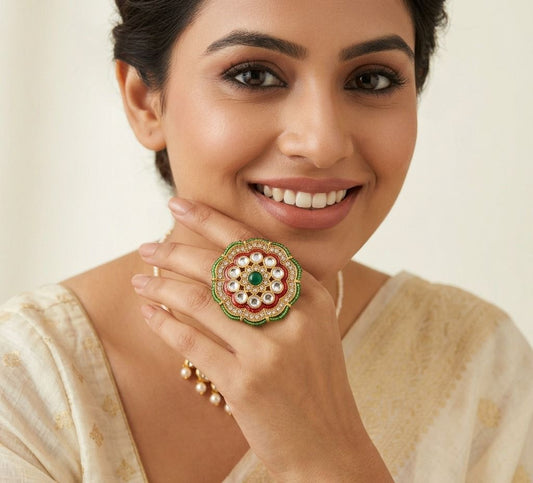 Ruby & Emerald Gold Plated Kundan Big Ring