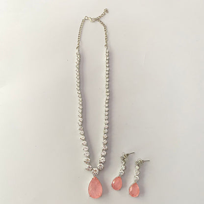 Pink Stone Silver Plated Long Necklace Set
