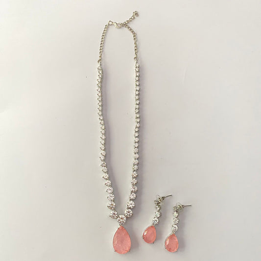 Pink Stone Silver Plated Long Necklace Set