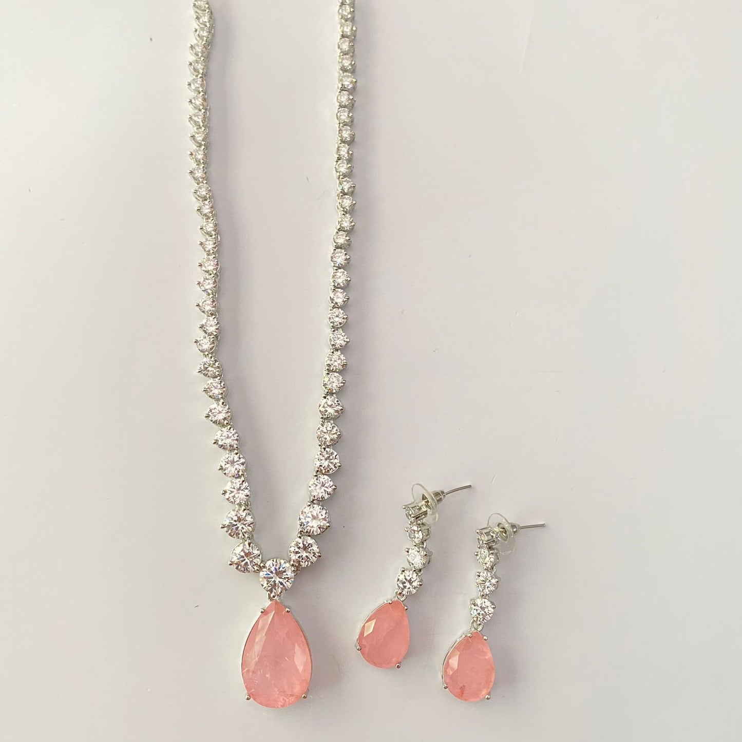 Pink Stone Silver Plated Long Necklace Set