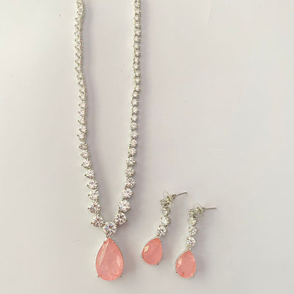 Pink Stone Silver Plated Long Necklace Set