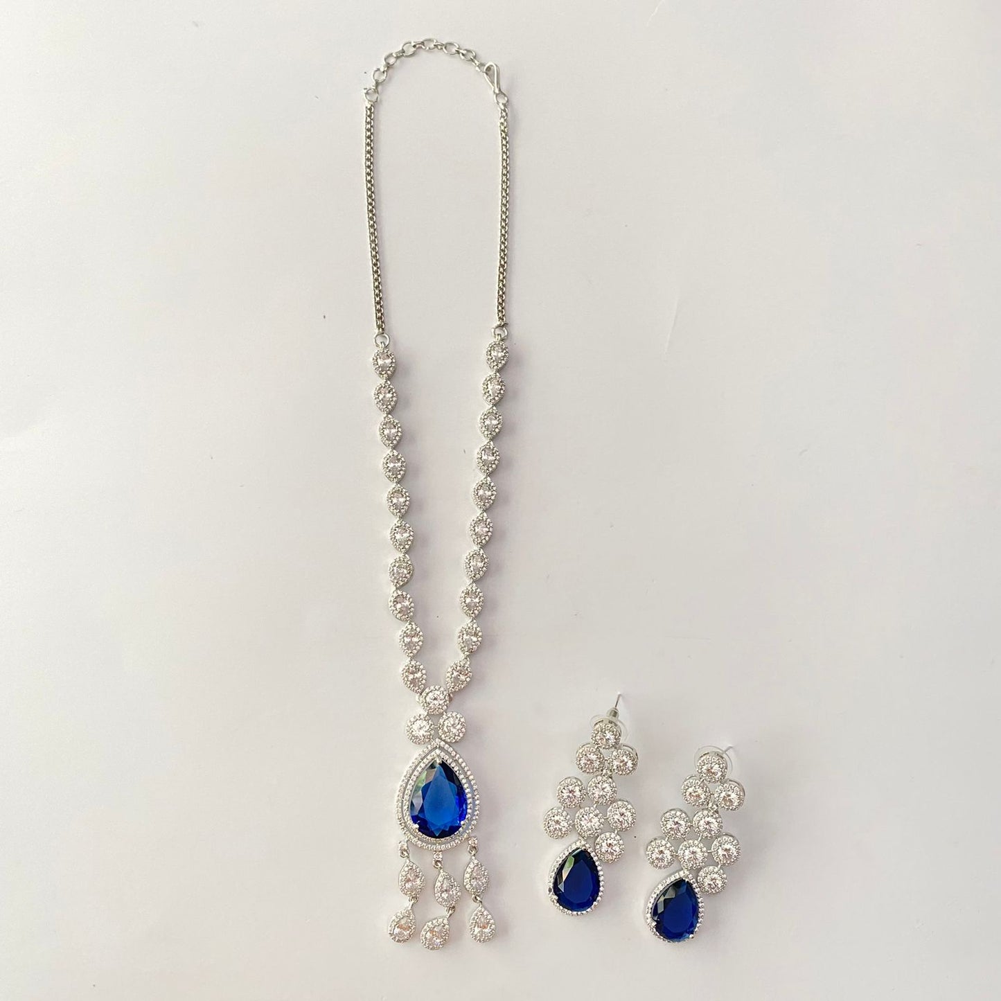 Blue Stone Silver Plated A.D Necklace Set