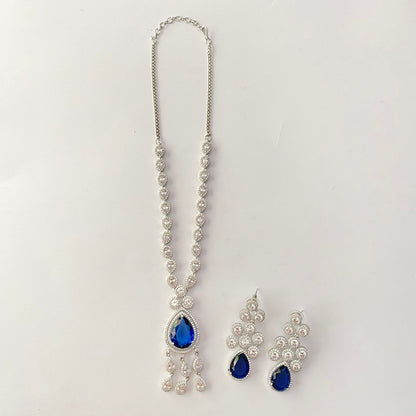 Blue Stone Silver Plated A.D Necklace Set