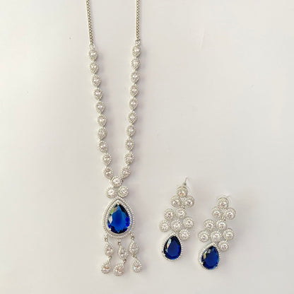 Blue Stone Silver Plated A.D Necklace Set