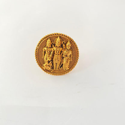 Gold Plated Adjustable Temple Design Lord Ram Darbat Featured Ring