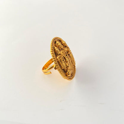 Gold Plated Adjustable Temple Design Lord Ram Darbat Featured Ring