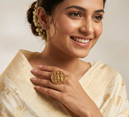 Gold Plated Adjustable Temple Design Lord Ram Darbat Featured Ring