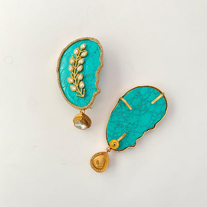 Turquoise Art Leaf Gold Plated Big Earring