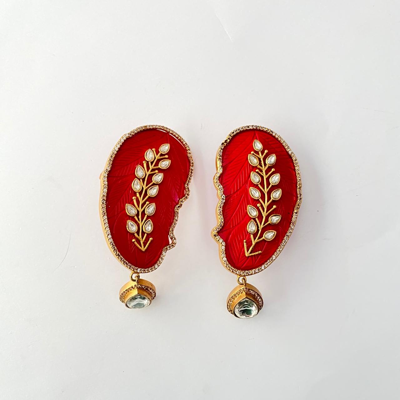Ruby Art Leaf Gold Plated Big Earring