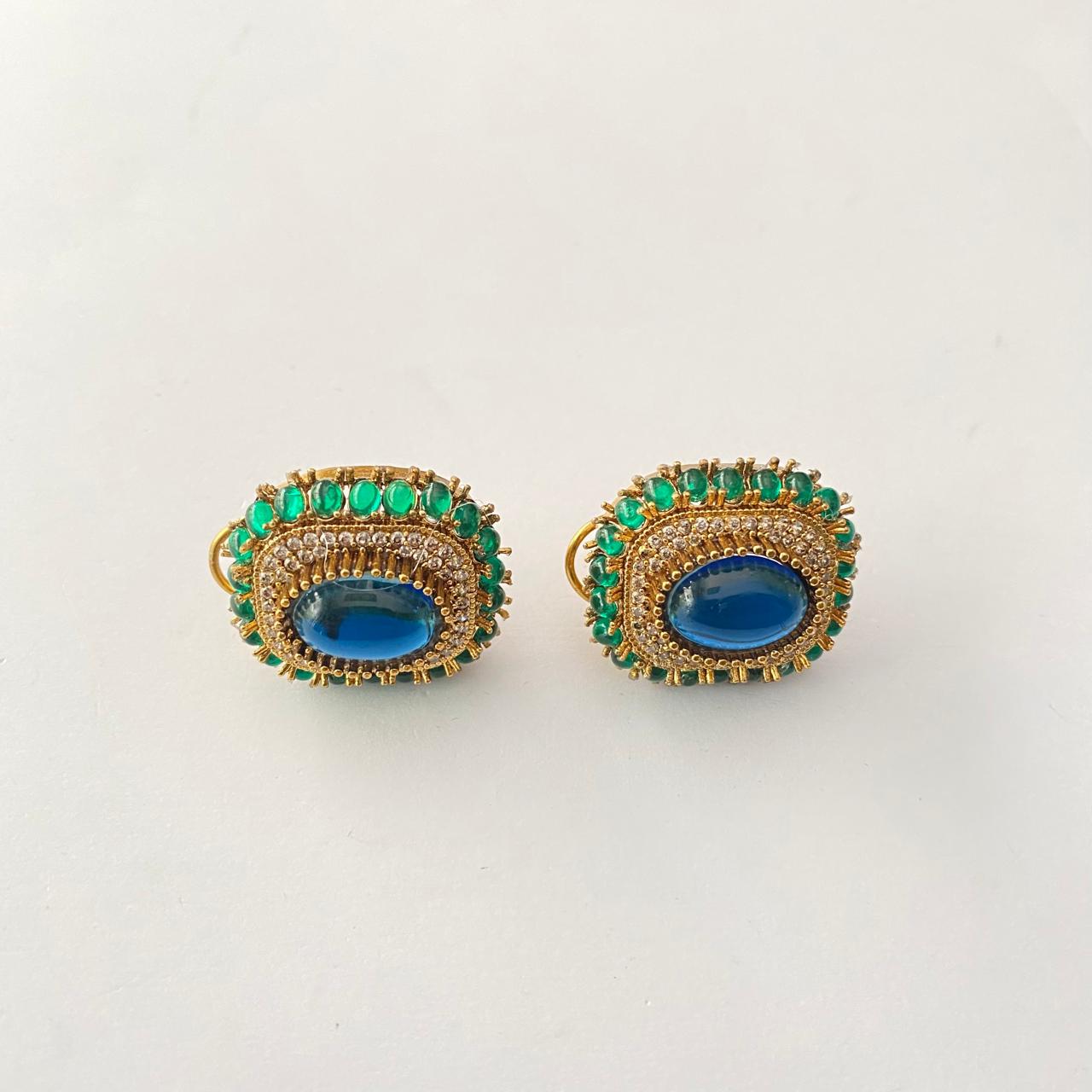 Antique Gold Plated Green & Blue Stud With Back Clip