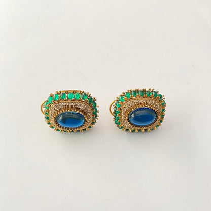 Antique Gold Plated Green & Blue Stud With Back Clip