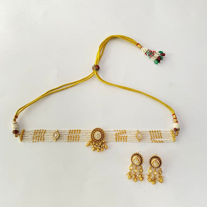 Gold Plated Sleek White Beads Choker Set