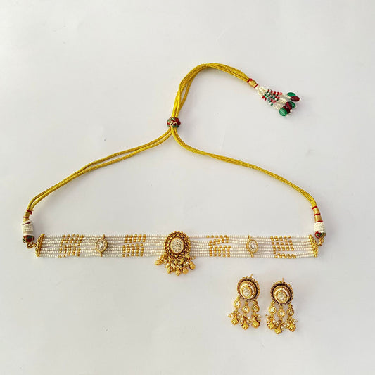 Gold Plated Sleek White Beads Choker Set