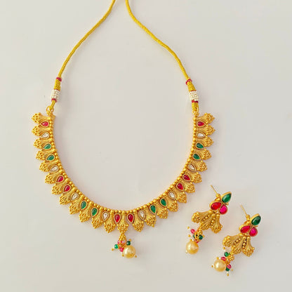 Gold Plated Ruby & Green Sleek Necklace Set