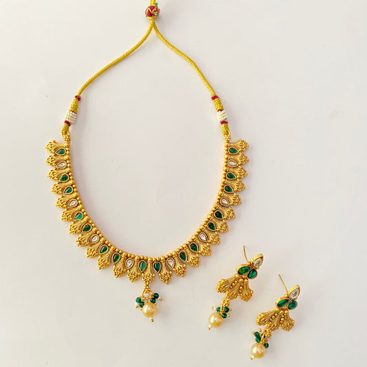 Gold Plated Green Sleek Necklace Set