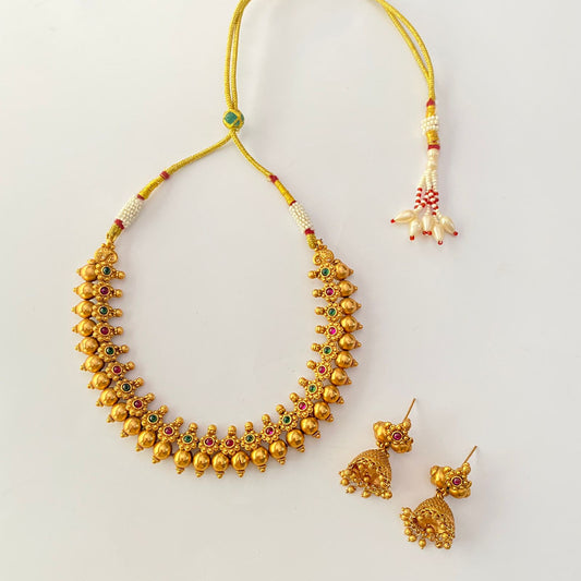 Ruby & Green Gold plated Sleek Necklace Set