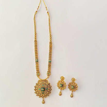 Long Antique Gold Plated Green Necklace Set