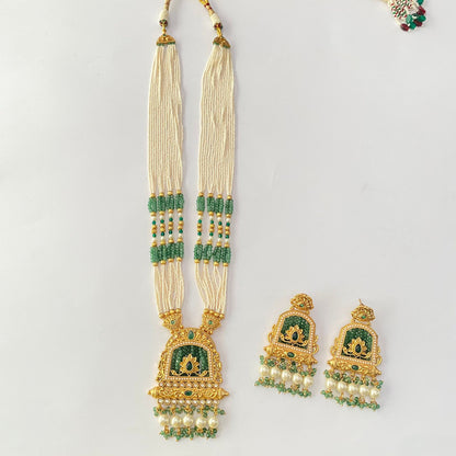 Long Gold Plated White Pearl Necklace Set