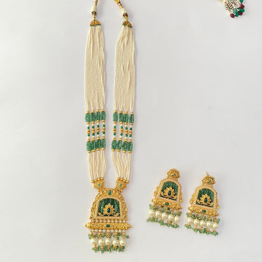 Long Gold Plated White Pearl Necklace Set