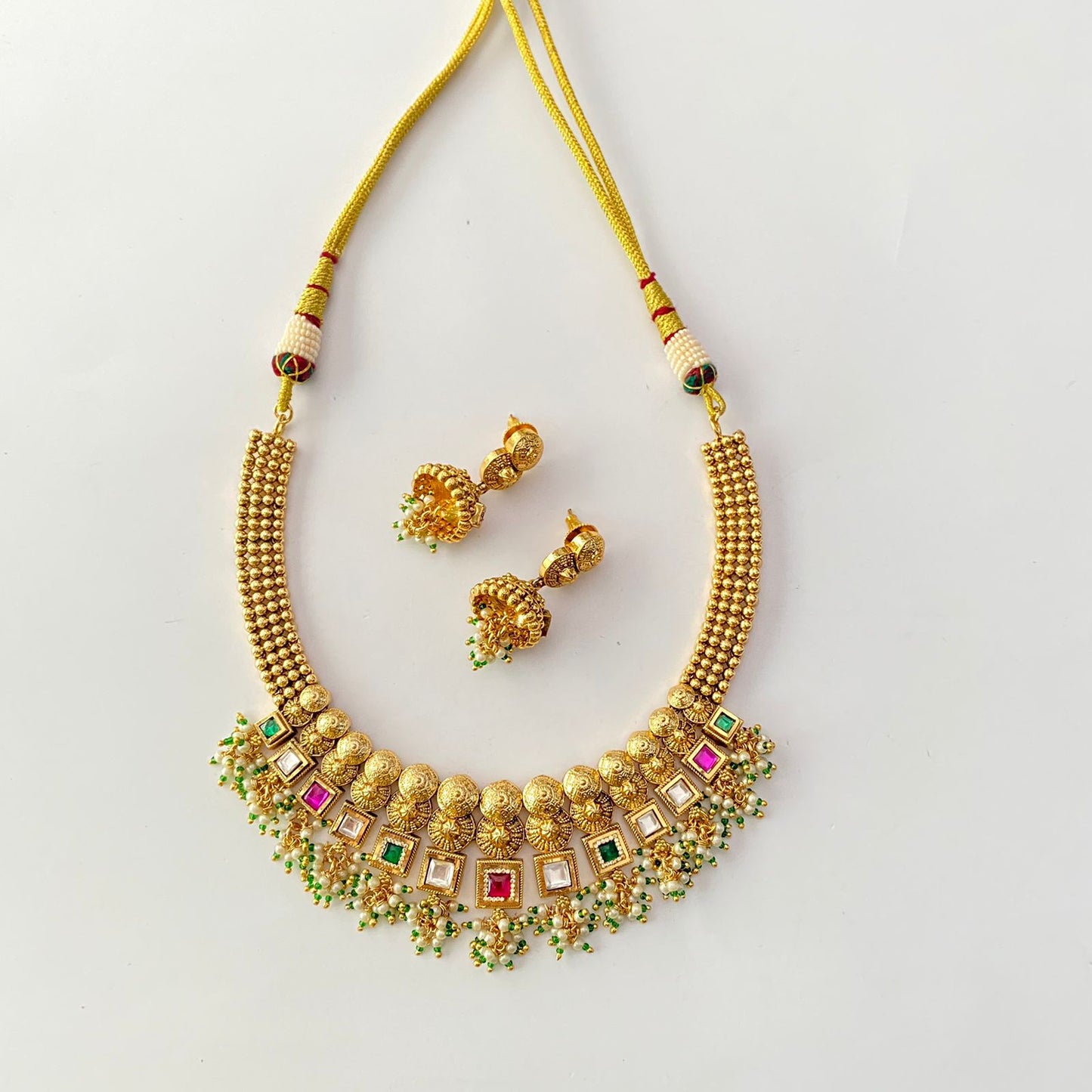 Gold Plated Drop Pearl Ruby & Green Necklace Set