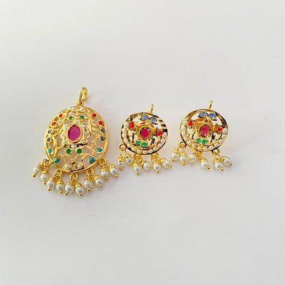 Jadau Ruby Gold Plated latest Pendant Set