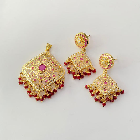 Jadau Ruby Gold Plated latest design Pendant Set