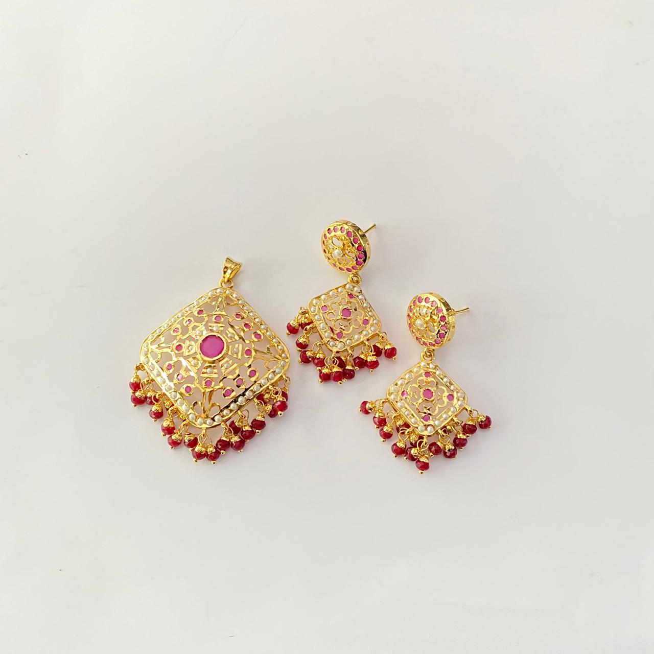 Jadau Ruby Gold Plated latest design Pendant Set