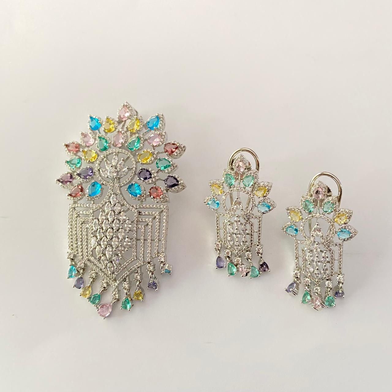 Silver Plated Diamond multi colour Pendant Set