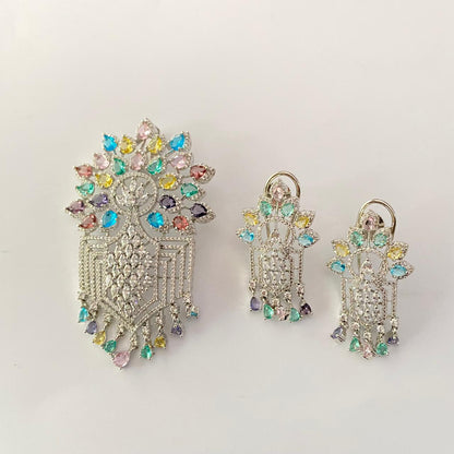 Silver Plated Diamond multi colour Pendant Set