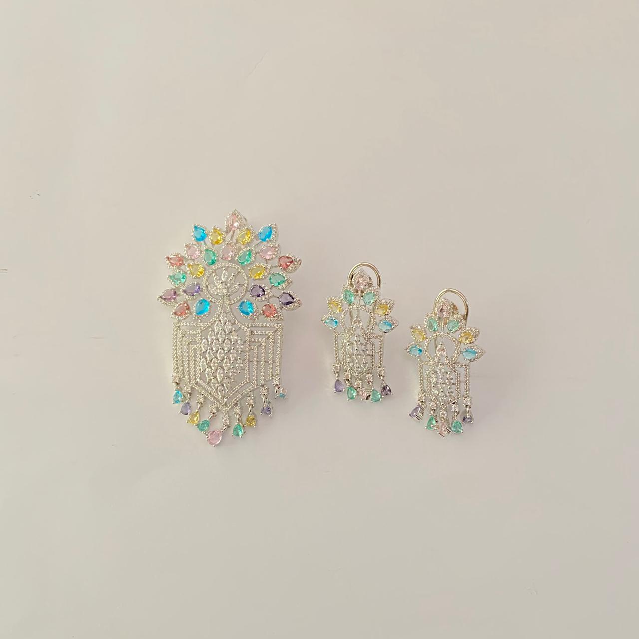 Silver Plated Diamond multi colour Pendant Set