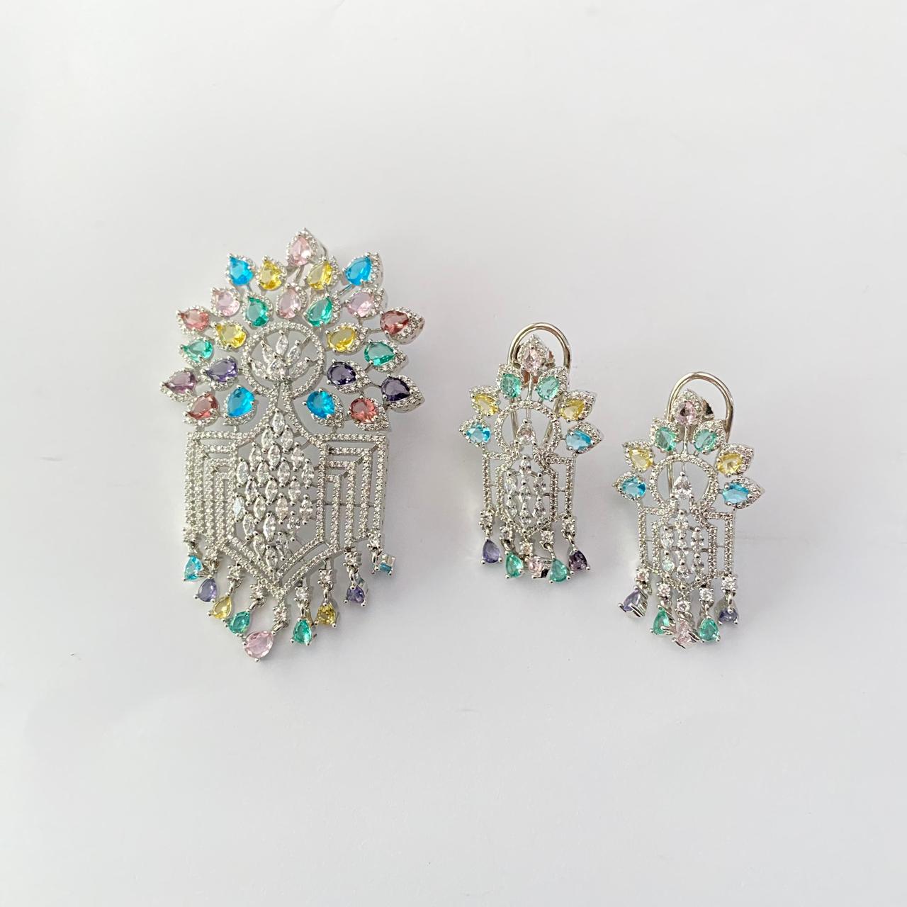 Silver Plated Diamond multi colour Pendant Set