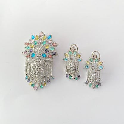 Silver Plated Diamond multi colour Pendant Set