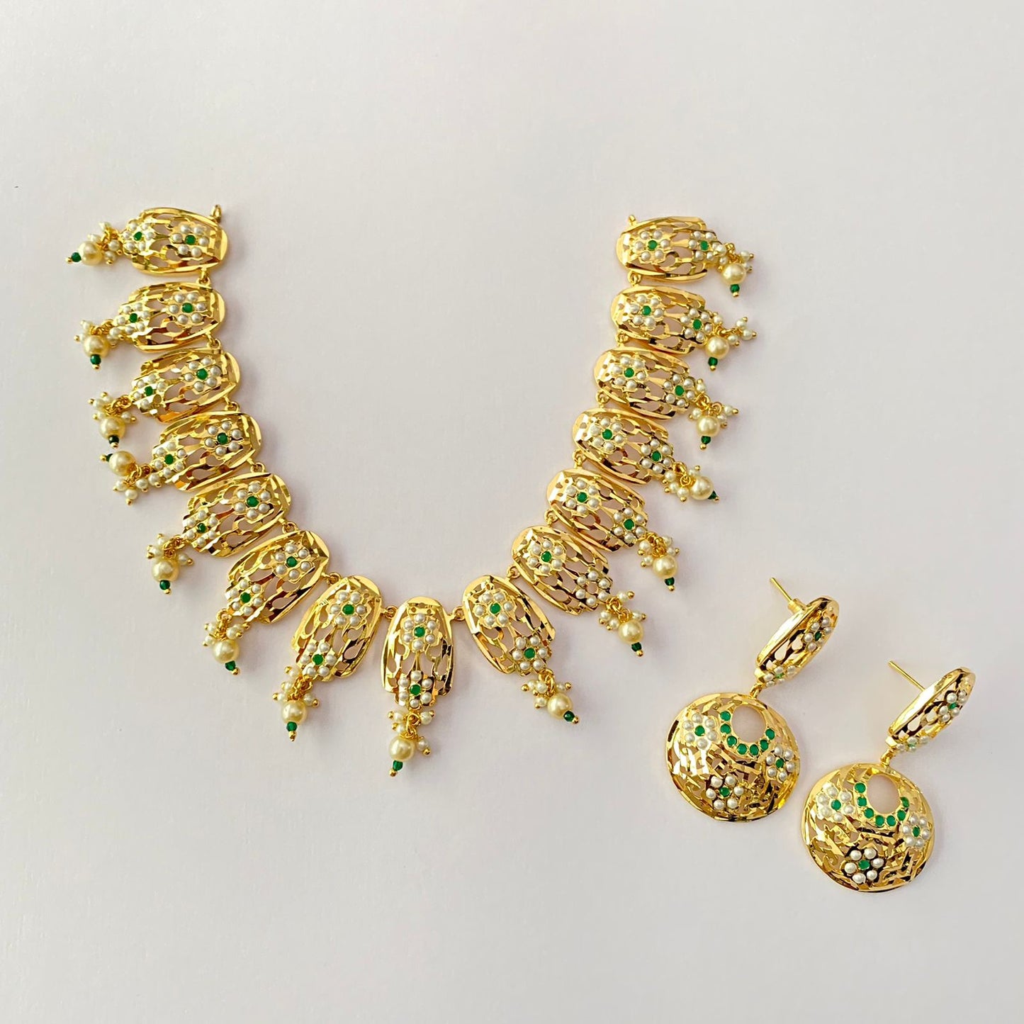 Gold Plated Green Jadau Necklace Set