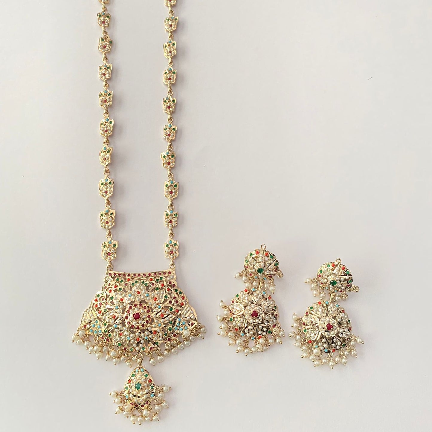 Multi Color Gold Plated Long Rani Harr Necklace Set