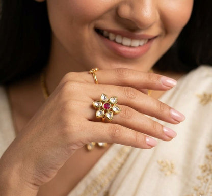 Ruby Gold Plated Kundan Ring