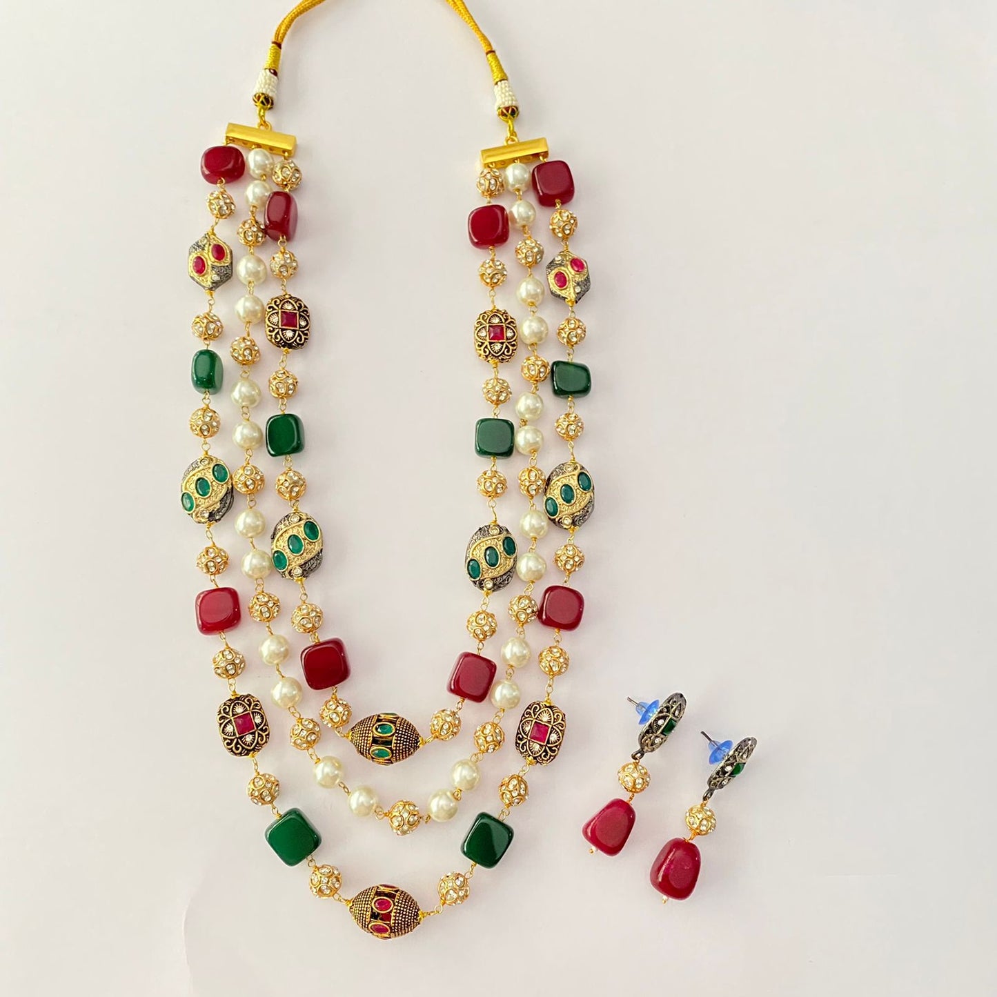 Ruby & Emerald Gold Plated Three Layer Necklace Set