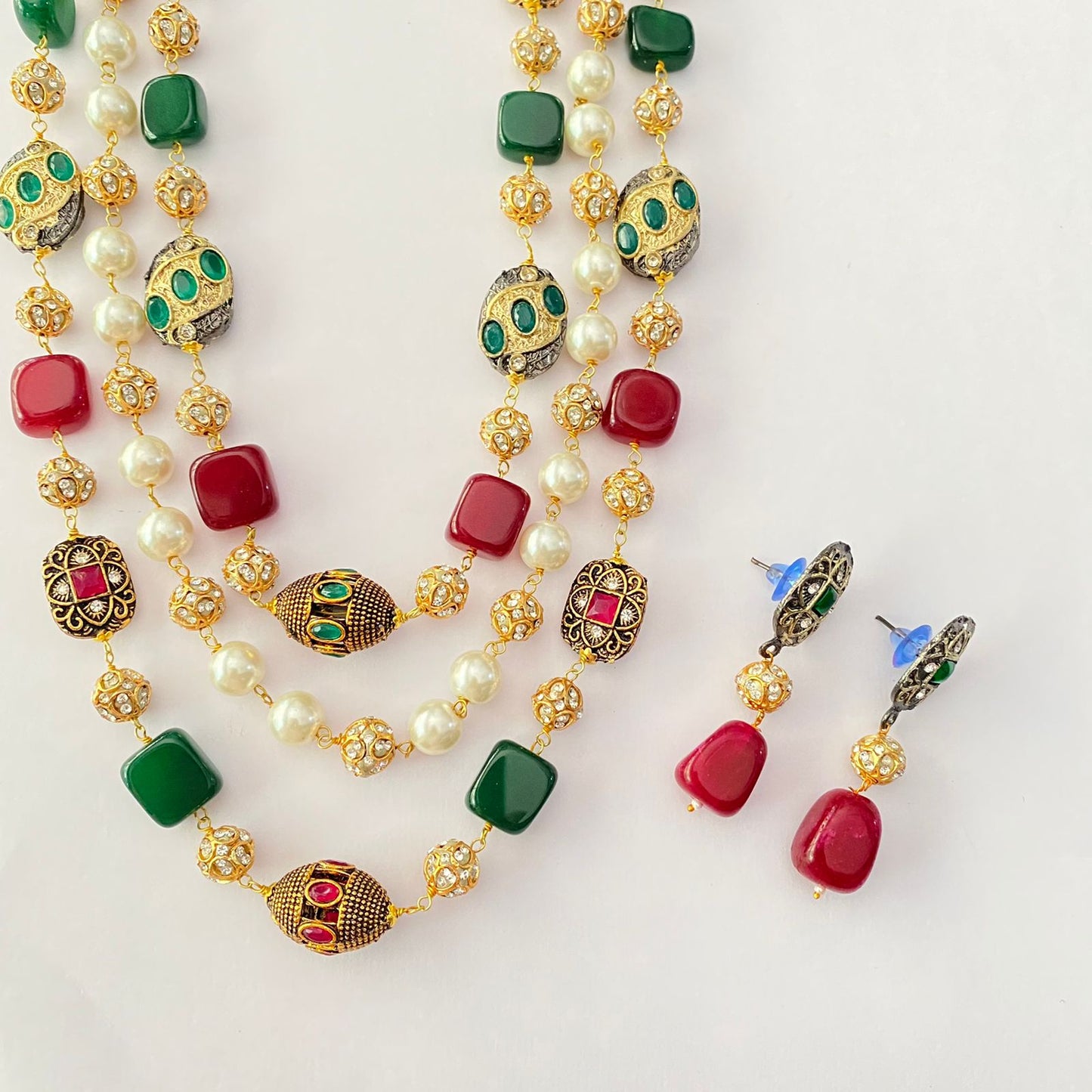 Ruby & Emerald Gold Plated Three Layer Necklace Set