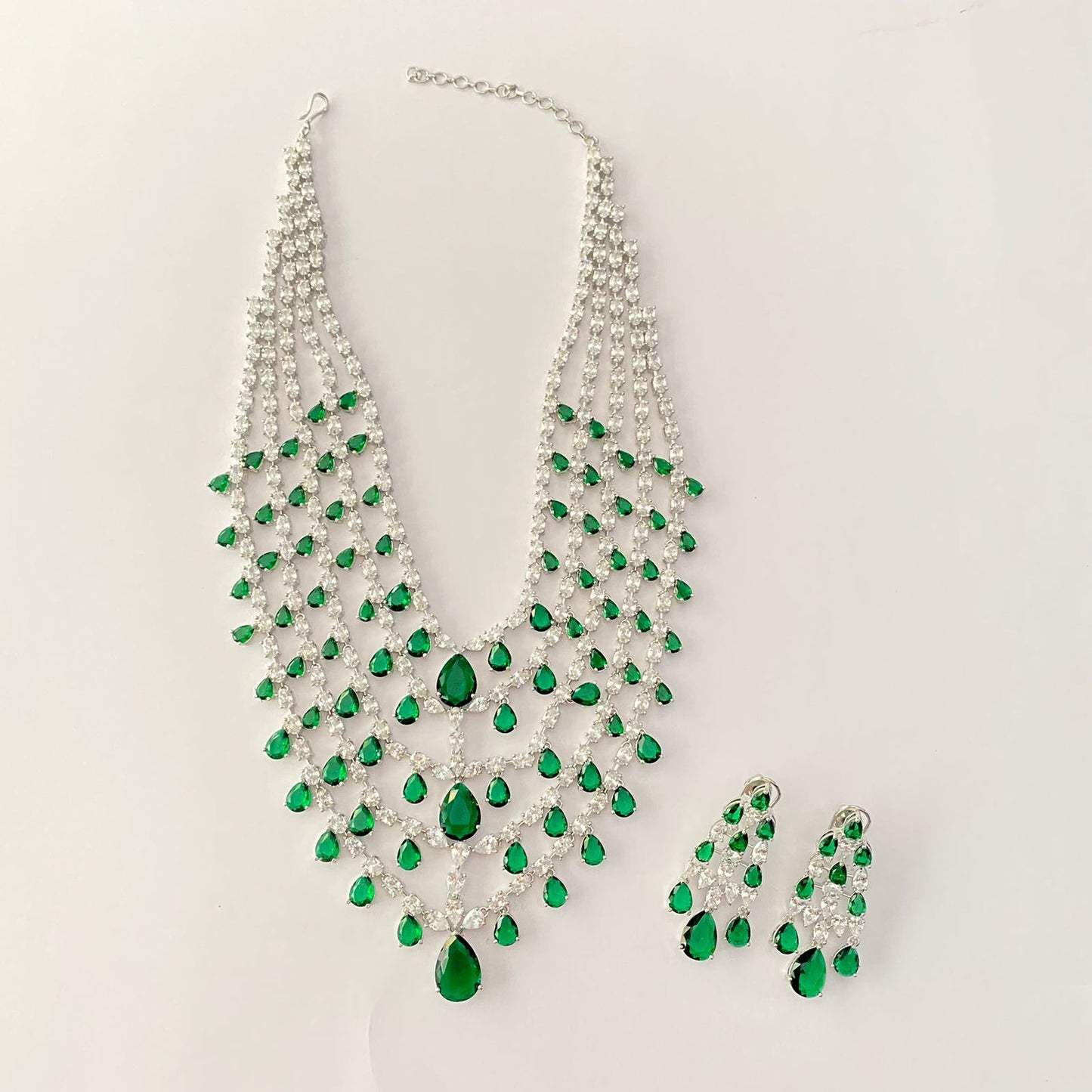 Silver Plated Green Diamond Layer Necklace Set