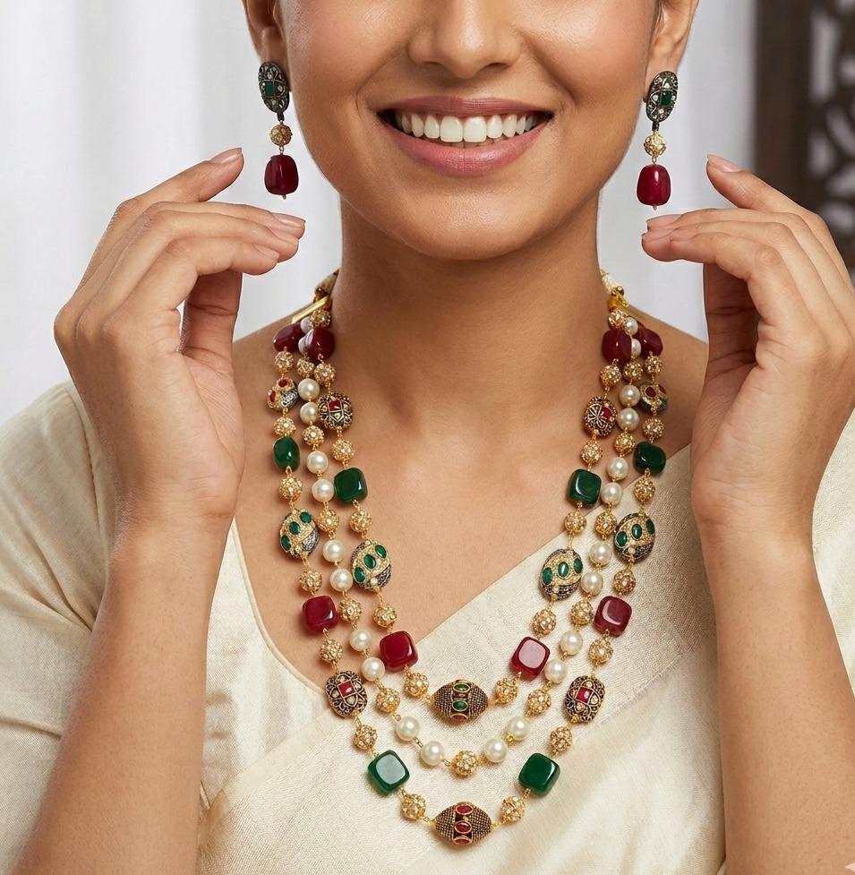 Ruby & Emerald Gold Plated Three Layer Necklace Set