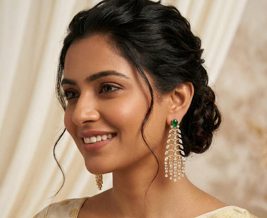 Green Gold Plated Long Dangler Earring.