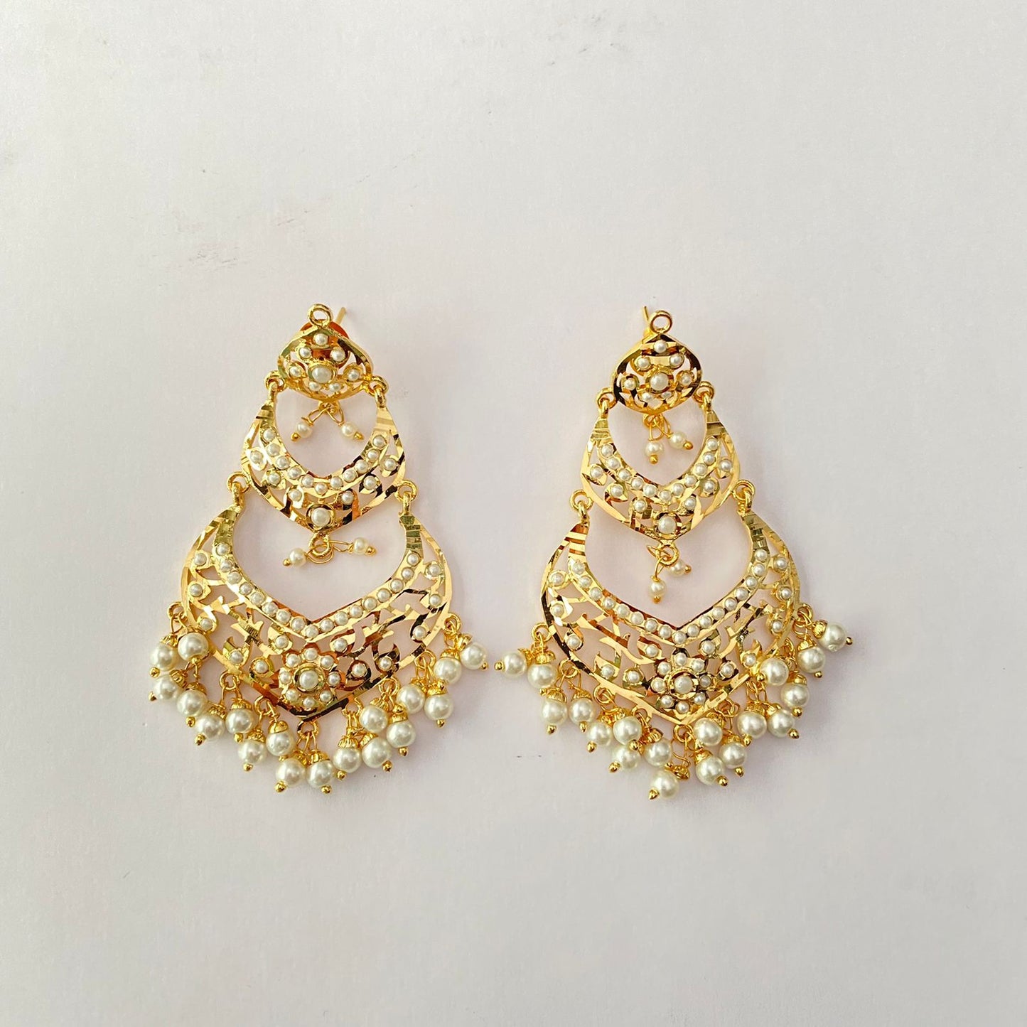 Gold Plated White Jadau Pearl Chand Bali