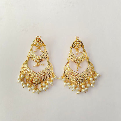 Gold Plated White Jadau Pearl Chand Bali