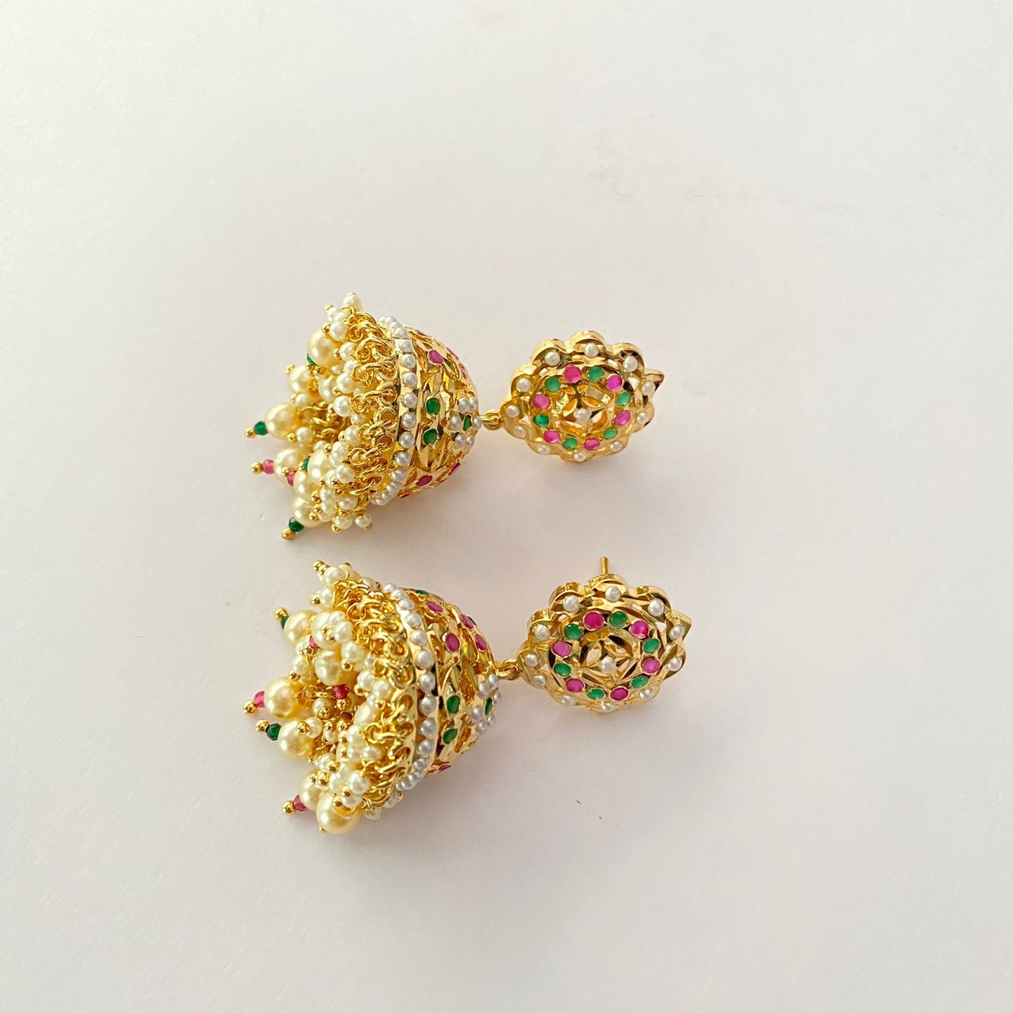 Ruby $ Green Gold Plated Jadau Jhumka